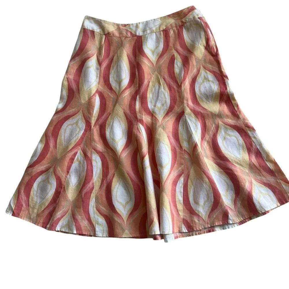 M Collection 100% Linen A-Line Stylish Multicolor Peach yellow Midi Skirt sz 10